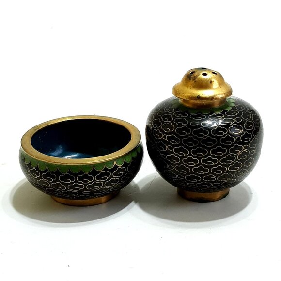 Chinese Cloisonne Open Salt & Pepper Vintage Enamel Brass Floral Black Red Blue - Picture 3 of 7